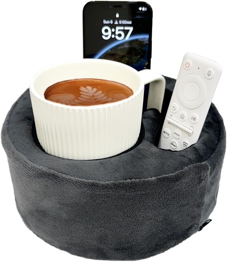 Xchouxer Couch Cup Holder Pillow, Sofa and Bed Organizer Caddy for Drinks, Remotes, Phones (Gray) - Image 1